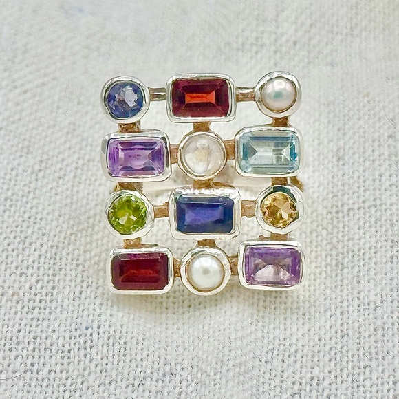 Sterling Silver Multi Gemstone Statement Ring. This beauty can be worn anywhere. - Picture 2 of 5